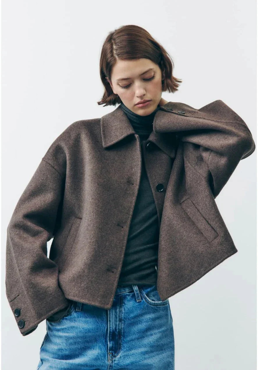 Oversized Jacket | Single Breasted | Brown | Short Wool Jacket | Women's Jacket-Fashion Nora