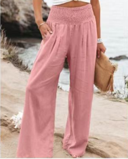 Palazzo Pants | Shirred Waist | High Waist | Wide Leg Trousers | Women's Wide Leg Pants-Fashion Nora