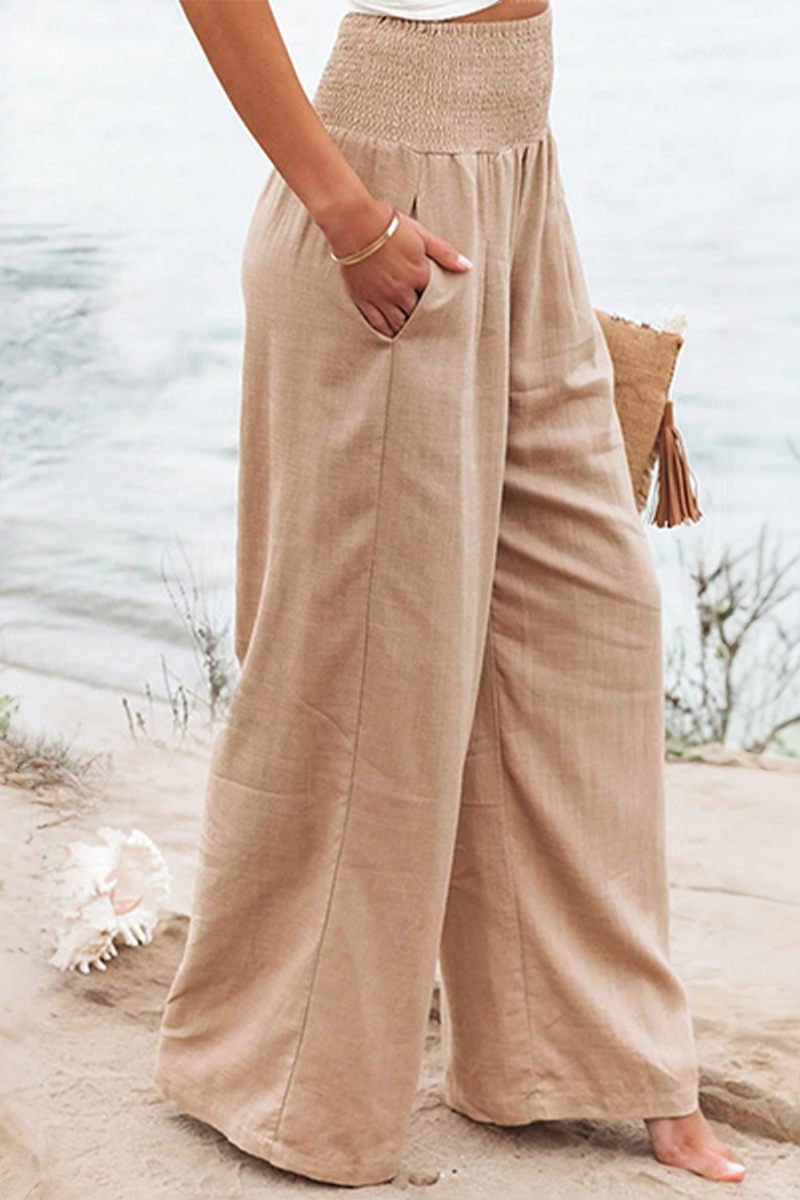 Palazzo Pants | Shirred Waist | High Waist | Wide Leg Trousers | Women's Wide Leg Pants-Fashion Nora