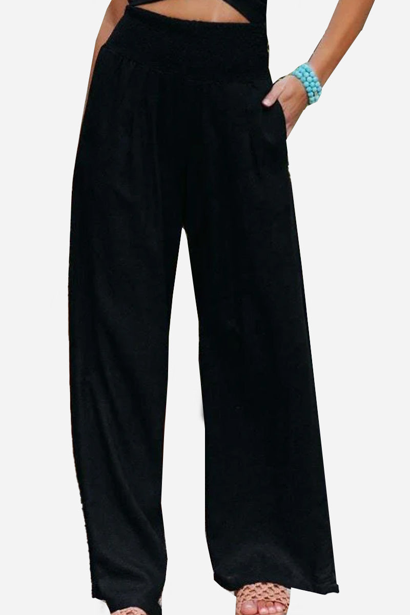 Palazzo Pants | Shirred Waist | High Waist | Wide Leg Trousers | Women's Wide Leg Pants-Fashion Nora