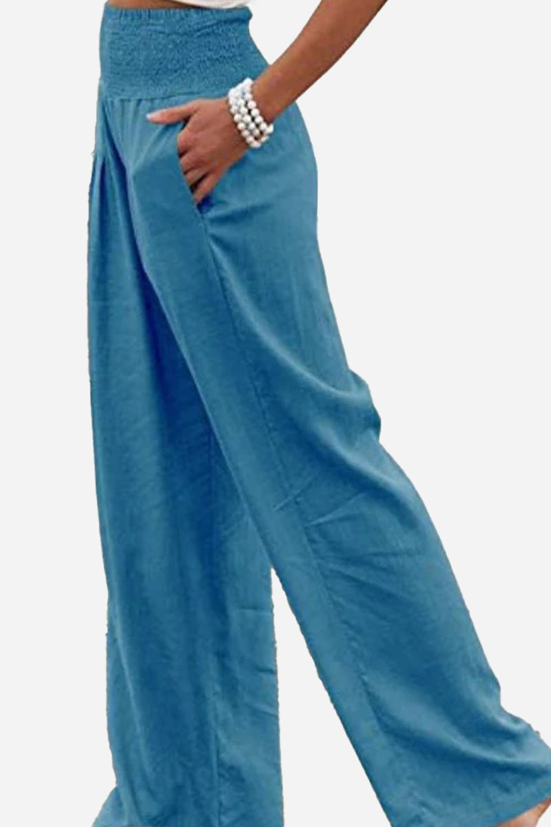 Palazzo Pants | Shirred Waist | High Waist | Wide Leg Trousers | Women's Wide Leg Pants-Fashion Nora
