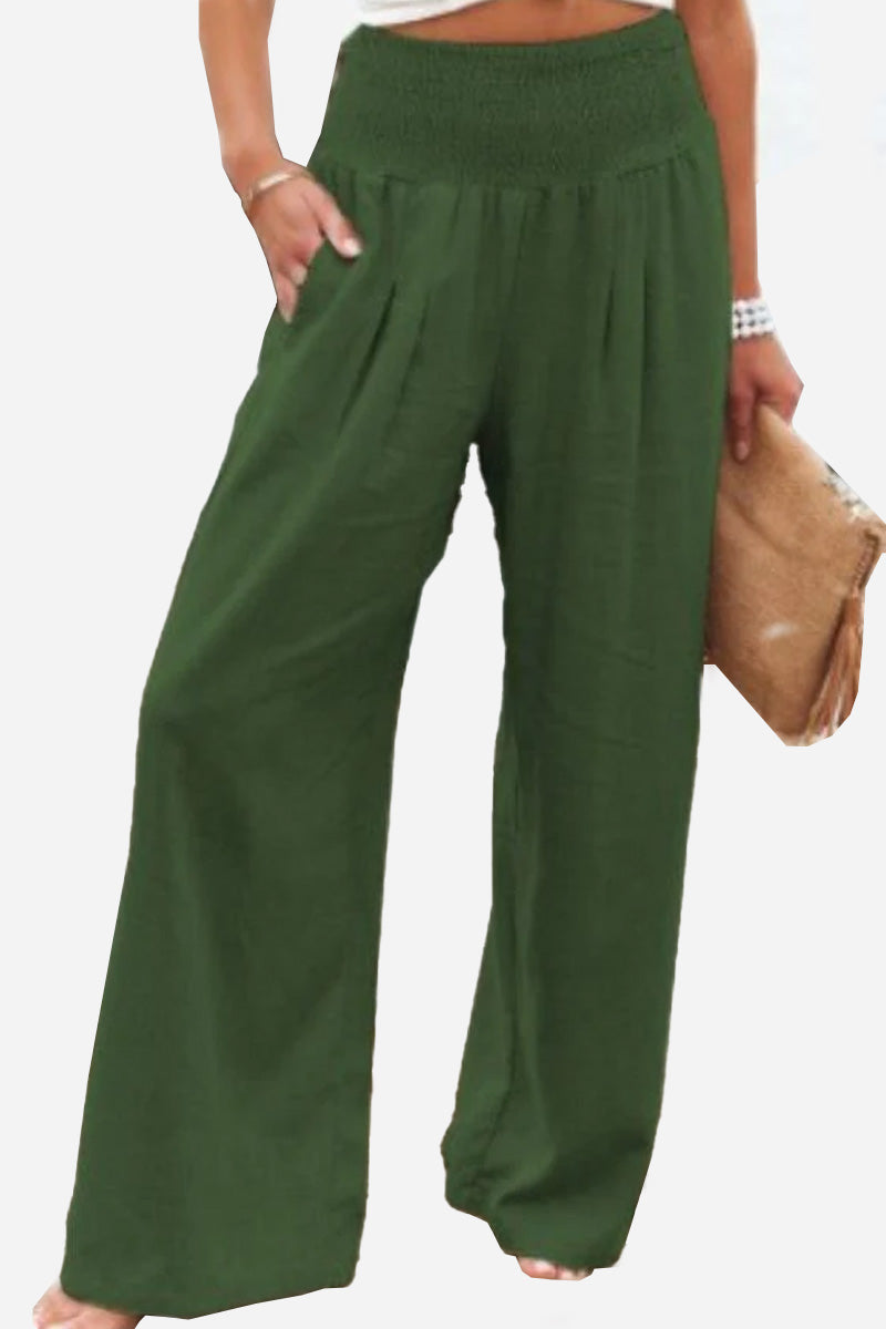 Palazzo Pants | Shirred Waist | High Waist | Wide Leg Trousers | Women's Wide Leg Pants-Fashion Nora