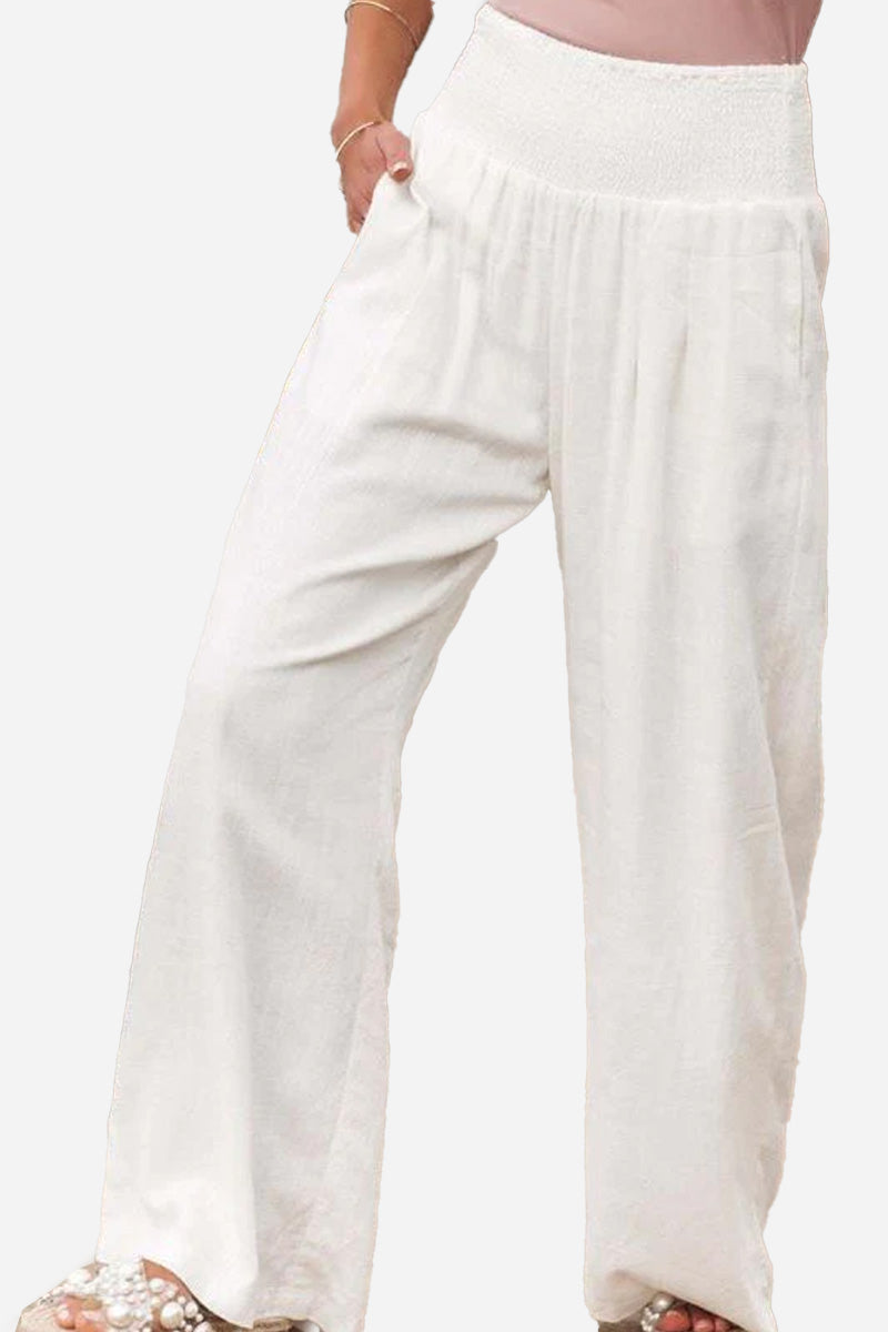Palazzo Pants | Shirred Waist | High Waist | Wide Leg Trousers | Women's Wide Leg Pants-Fashion Nora