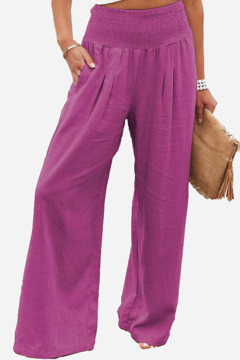 Palazzo Pants | Shirred Waist | High Waist | Wide Leg Trousers | Women's Wide Leg Pants-Fashion Nora