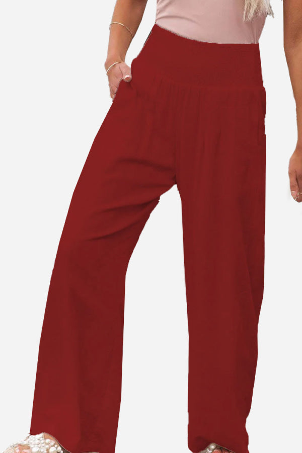 Palazzo Pants | Shirred Waist | High Waist | Wide Leg Trousers | Women's Wide Leg Pants-Fashion Nora
