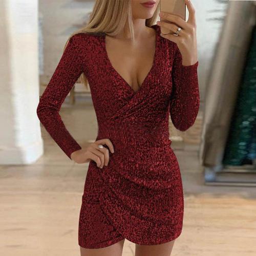 Party Dress - Women's Long Sleeve V-Neck Mini Glitter Sequin Dress-Fashion Nora