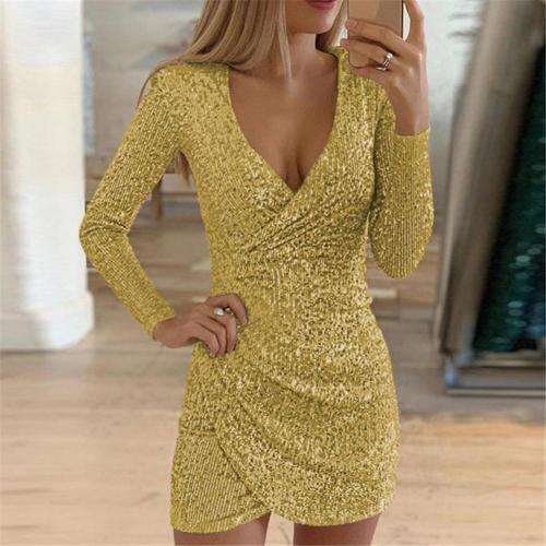 Party Dress - Women's Long Sleeve V-Neck Mini Glitter Sequin Dress-Fashion Nora