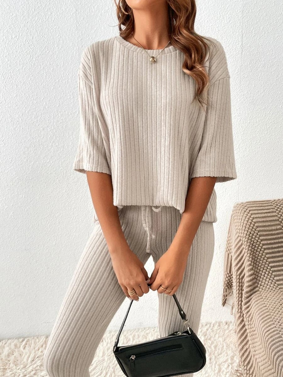 Ribbed Lounge Set - Short Sleeve - Ribbed Leggings - Knitted Co-Ord - Women's Loungewear-Fashion Nora