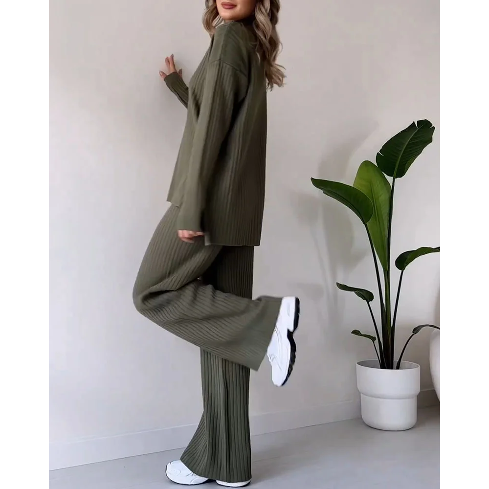 Ribbed Two-Piece Set | Turtleneck | Wide Leg | Co-Ord Set | Women's Loungewear-Fashion Nora