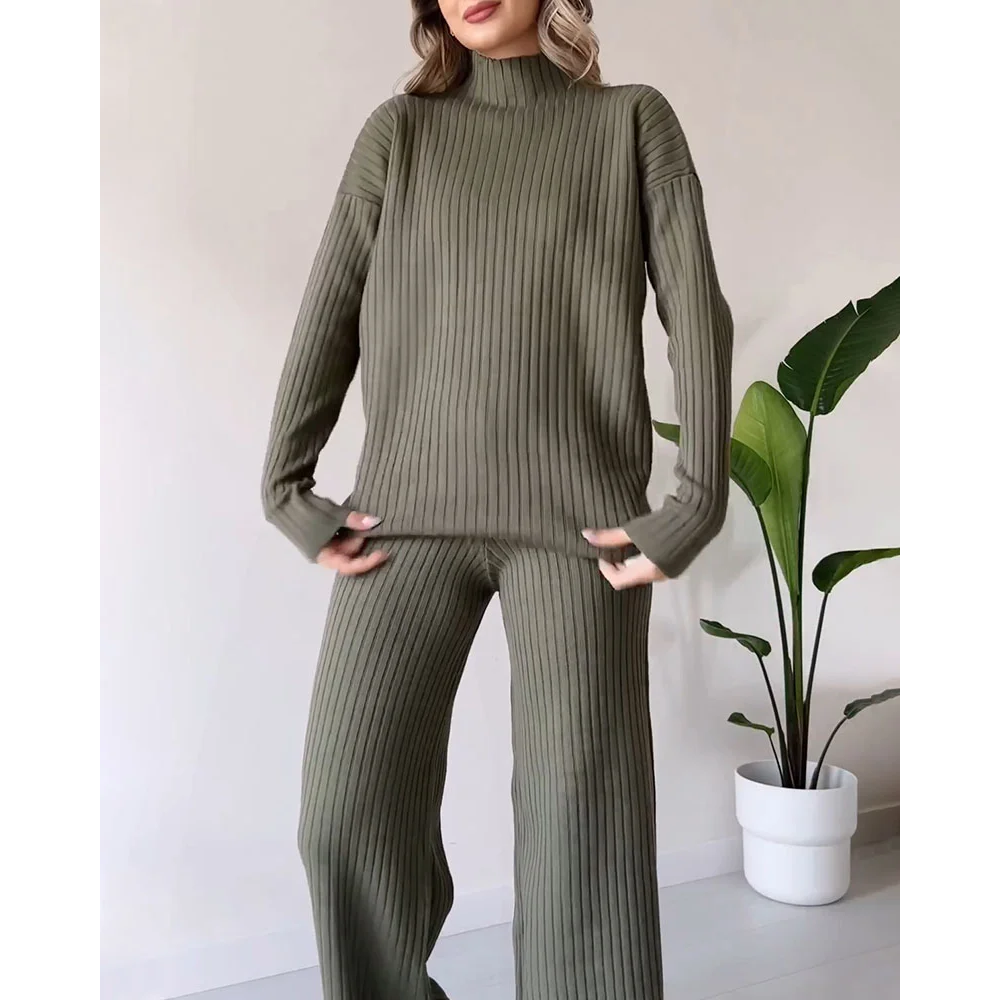 Ribbed Two-Piece Set | Turtleneck | Wide Leg | Co-Ord Set | Women's Loungewear-Fashion Nora