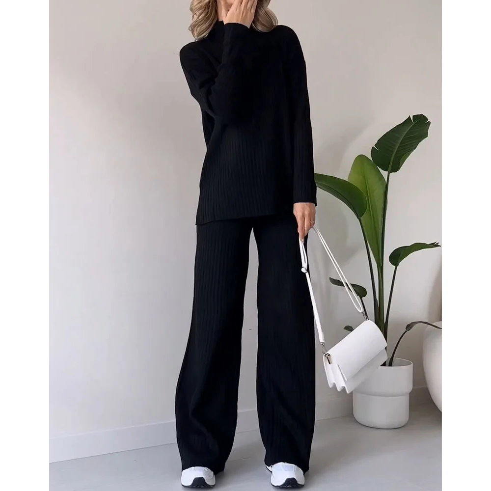 Ribbed Two-Piece Set | Turtleneck | Wide Leg | Co-Ord Set | Women's Loungewear-Fashion Nora