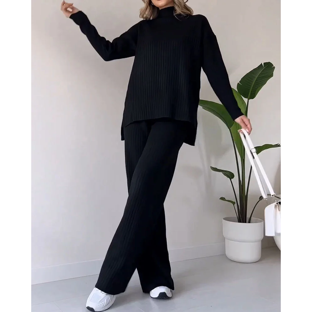 Ribbed Two-Piece Set | Turtleneck | Wide Leg | Co-Ord Set | Women's Loungewear-Fashion Nora