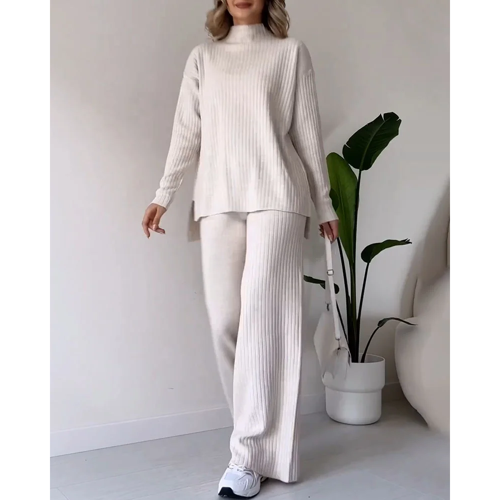 Ribbed Two-Piece Set | Turtleneck | Wide Leg | Co-Ord Set | Women's Loungewear-Fashion Nora