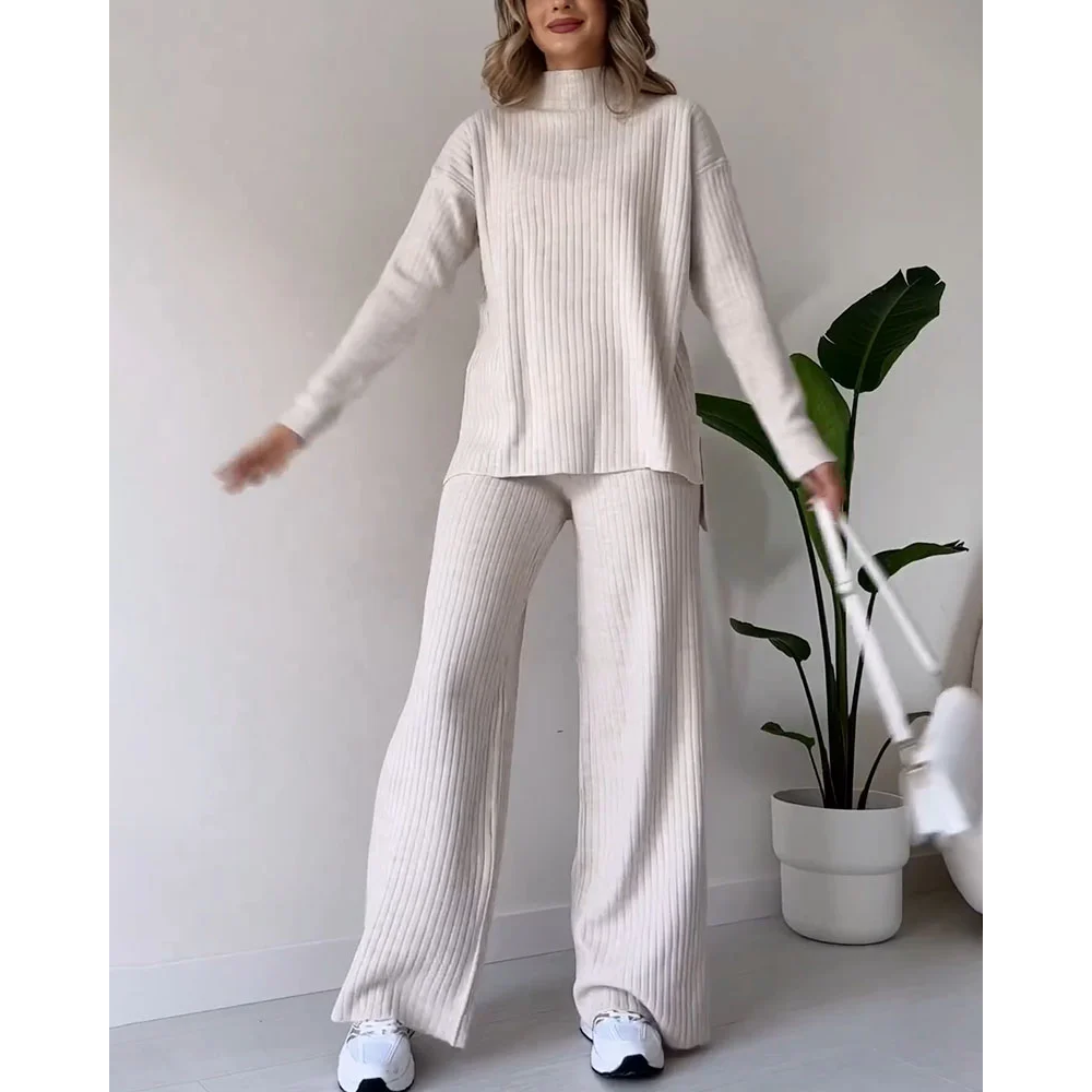 Ribbed Two-Piece Set | Turtleneck | Wide Leg | Co-Ord Set | Women's Loungewear-Fashion Nora
