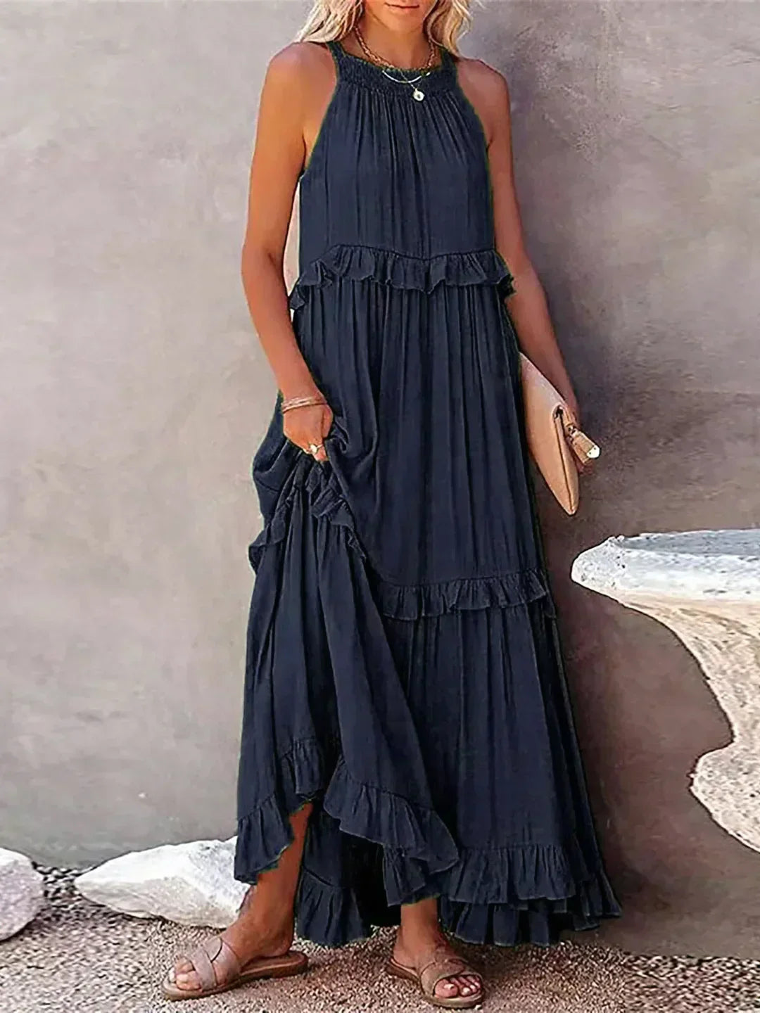 Ruffle Maxi Dress | Halter Neck | Sleeveless | Flowy Dress | Maxi Sundress-Fashion Nora
