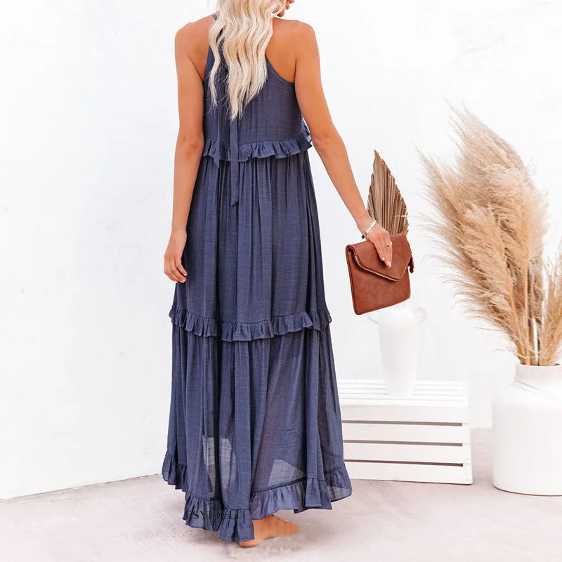 Ruffle Maxi Dress | Halter Neck | Sleeveless | Flowy Dress | Maxi Sundress-Fashion Nora