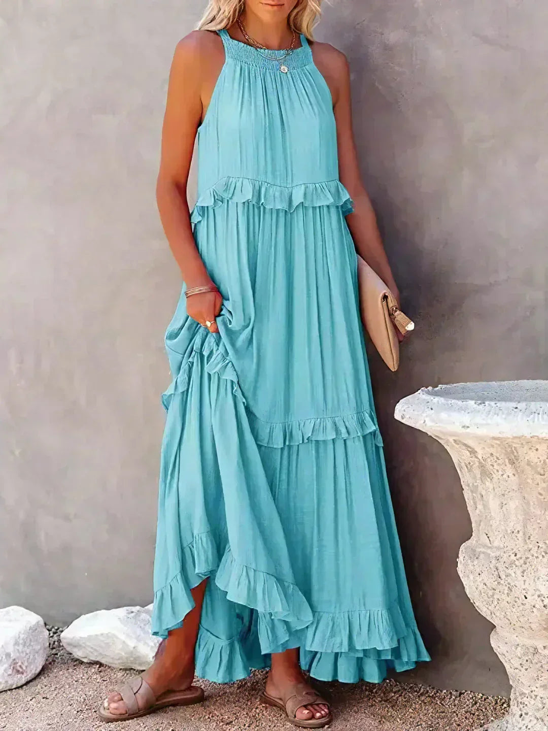 Ruffle Maxi Dress | Halter Neck | Sleeveless | Flowy Dress | Maxi Sundress-Fashion Nora