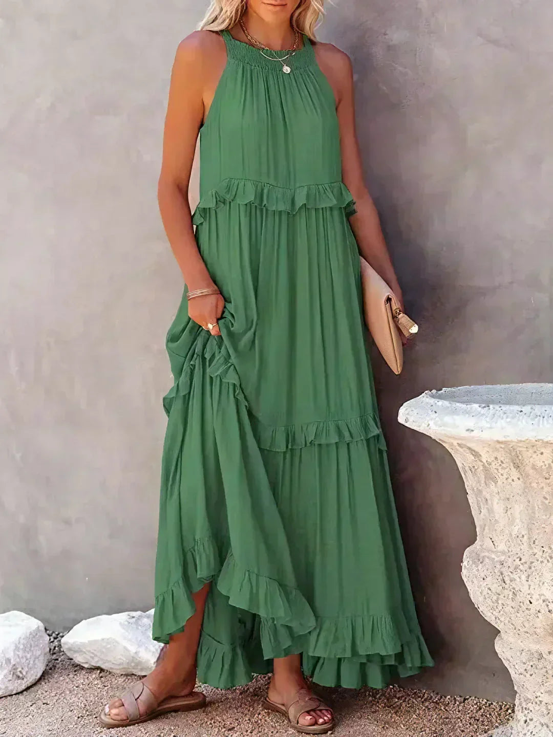 Ruffle Maxi Dress | Halter Neck | Sleeveless | Flowy Dress | Maxi Sundress-Fashion Nora