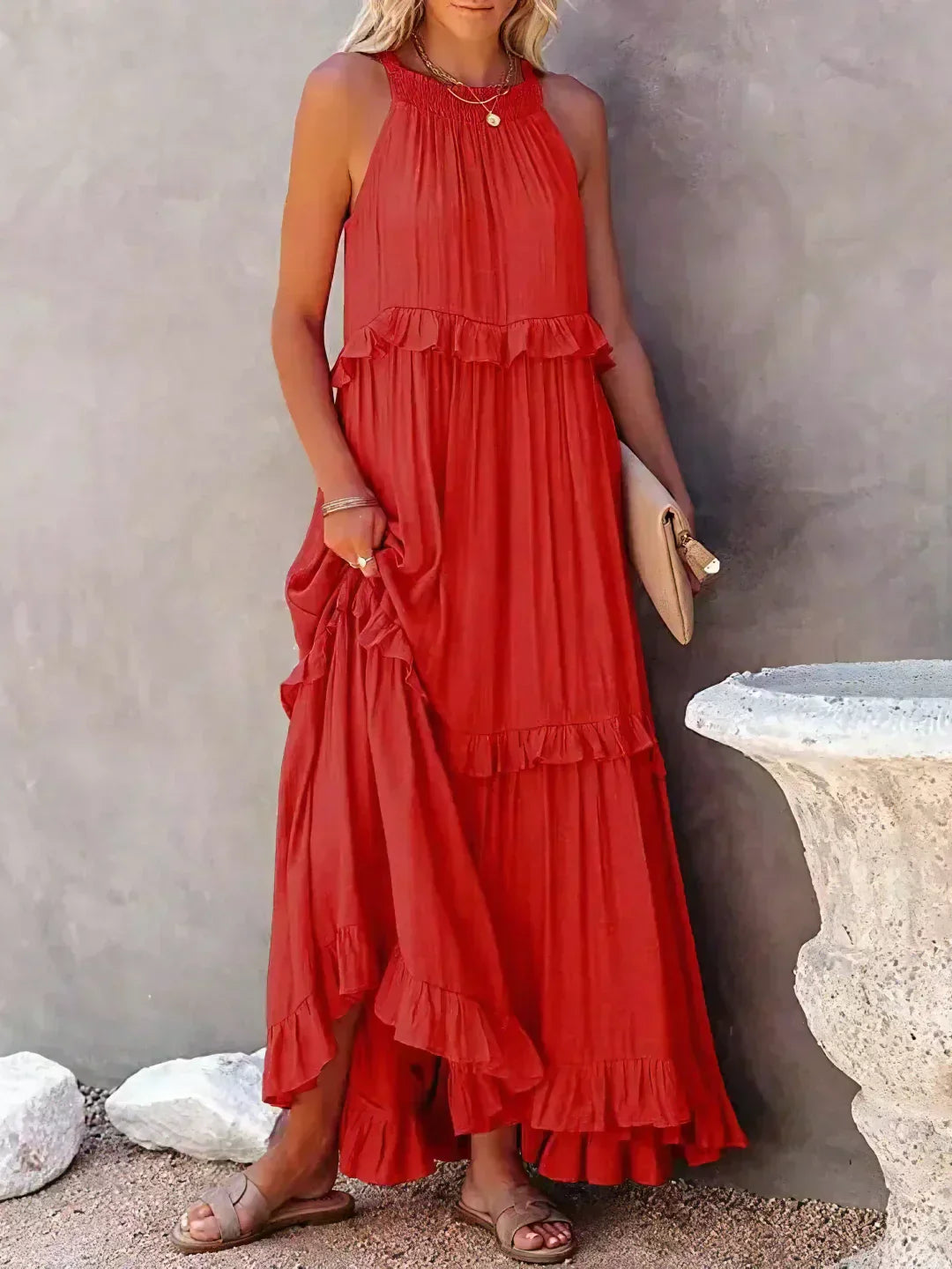 Ruffle Maxi Dress | Halter Neck | Sleeveless | Flowy Dress | Maxi Sundress-Fashion Nora