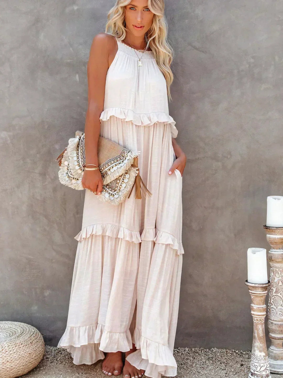 Ruffle Maxi Dress | Halter Neck | Sleeveless | Flowy Dress | Maxi Sundress-Fashion Nora