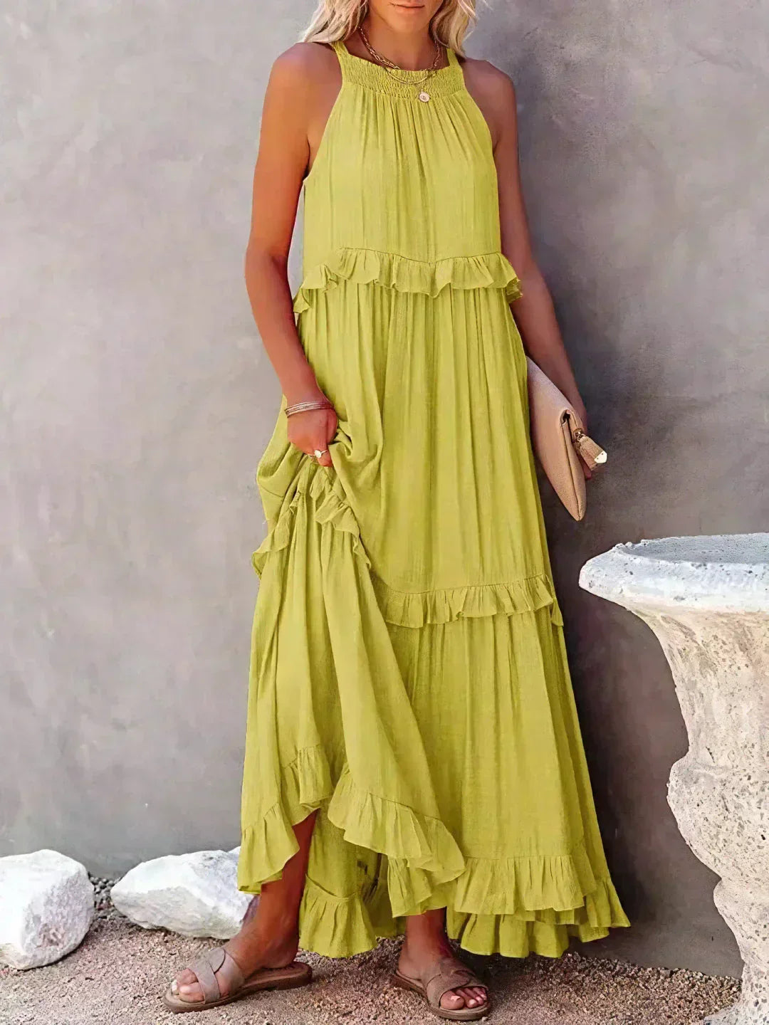 Ruffle Maxi Dress | Halter Neck | Sleeveless | Flowy Dress | Maxi Sundress-Fashion Nora