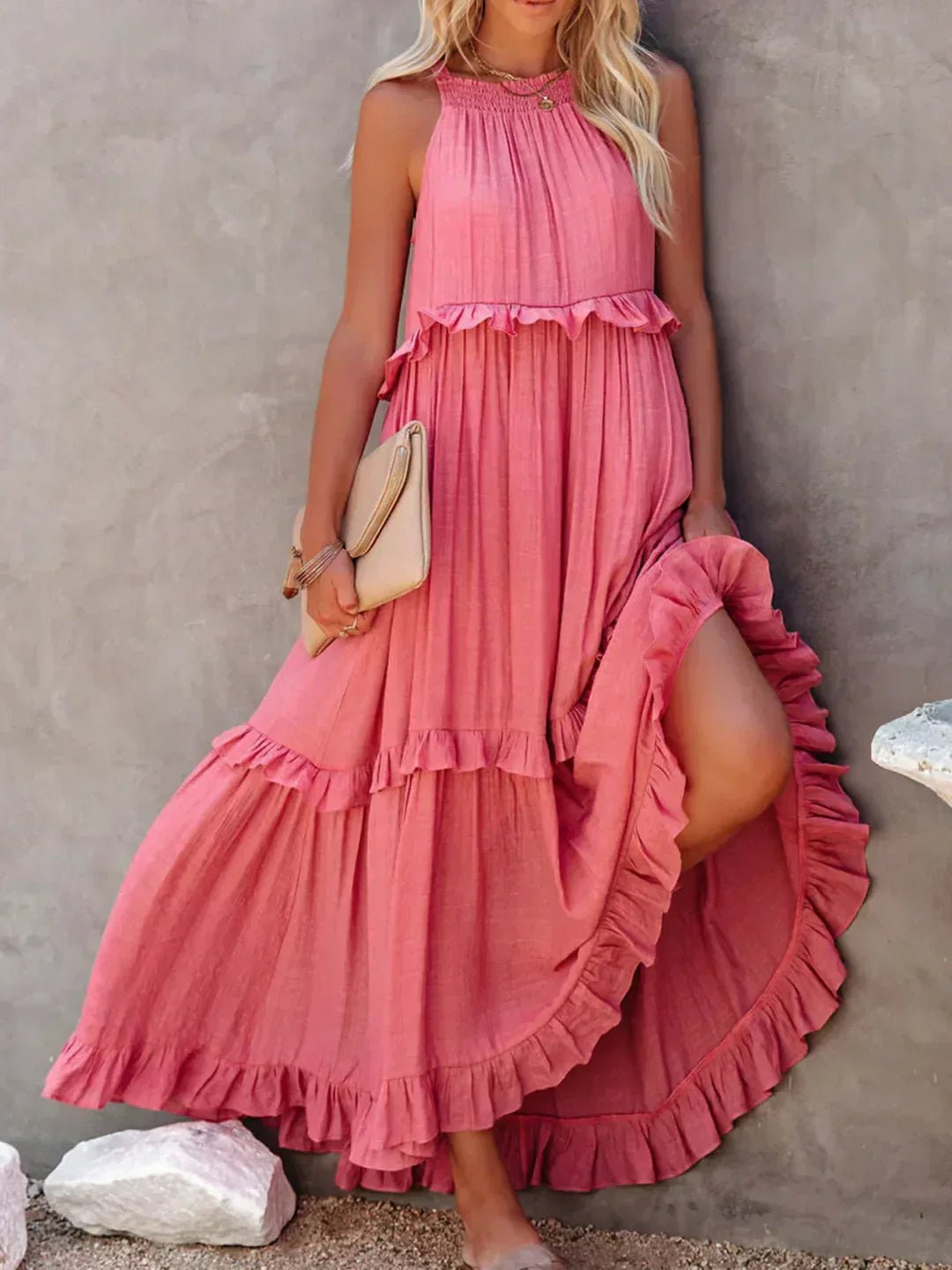 Ruffle Maxi Dress | Halter Neck | Sleeveless | Flowy Dress | Maxi Sundress-Fashion Nora