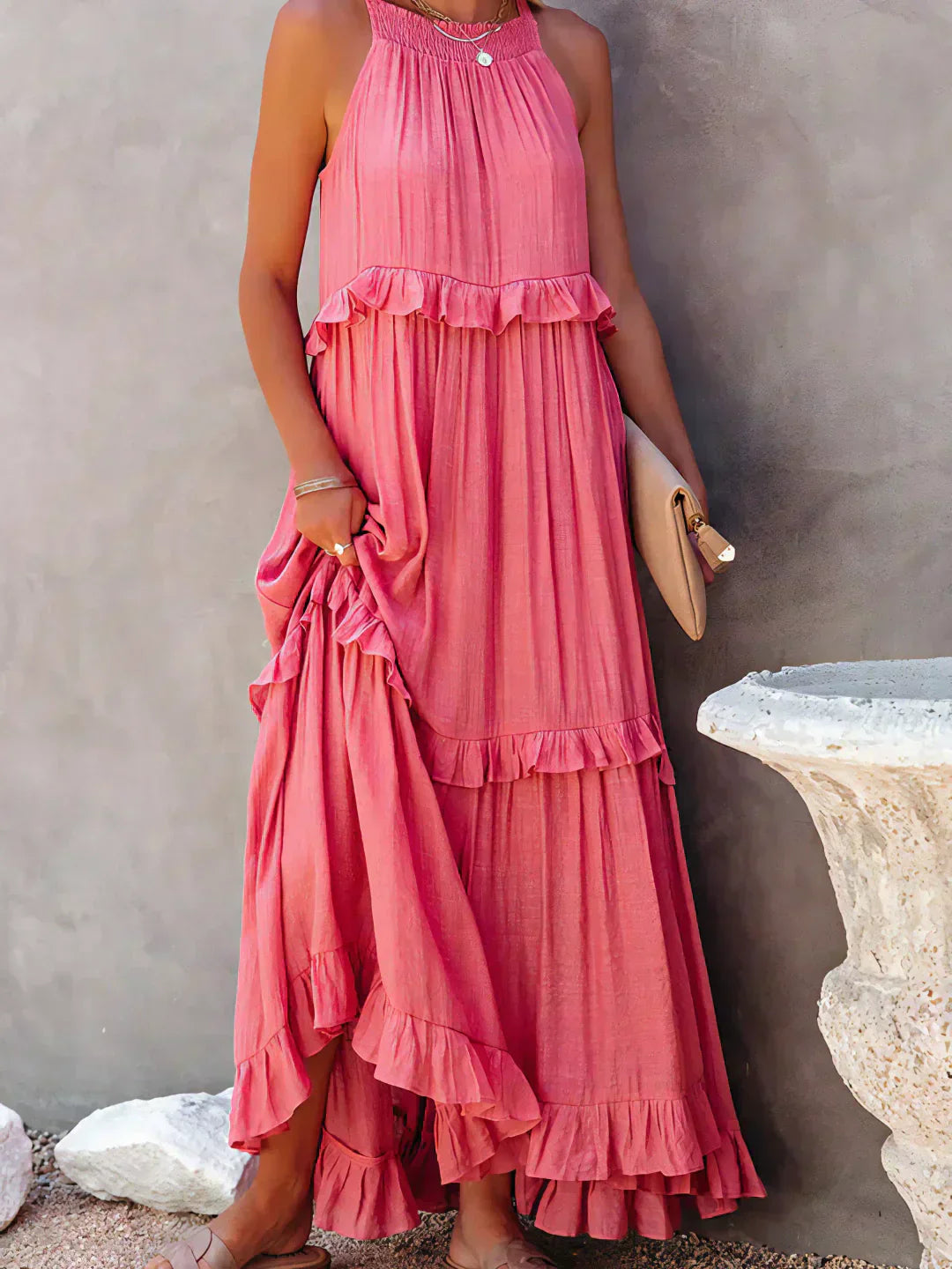 Ruffle Maxi Dress | Halter Neck | Sleeveless | Flowy Dress | Maxi Sundress-Fashion Nora