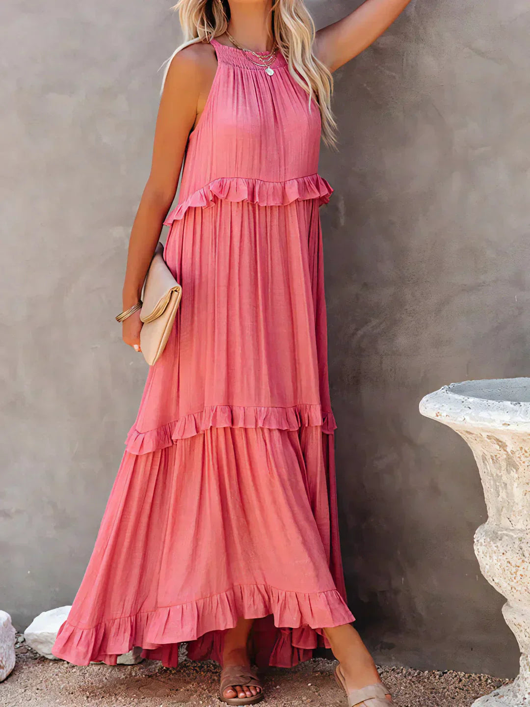 Ruffle Maxi Dress | Halter Neck | Sleeveless | Flowy Dress | Maxi Sundress-Fashion Nora