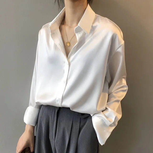 Satin Blouse - Elegant - Long Sleeve - Button-Up Blouse - Satin Shirts for Women-Fashion Nora