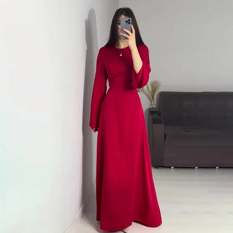 Satin Dress - Elegant - Bell Sleeve - Long Sleeve Dress - Maxi Satin Dress-Fashion Nora