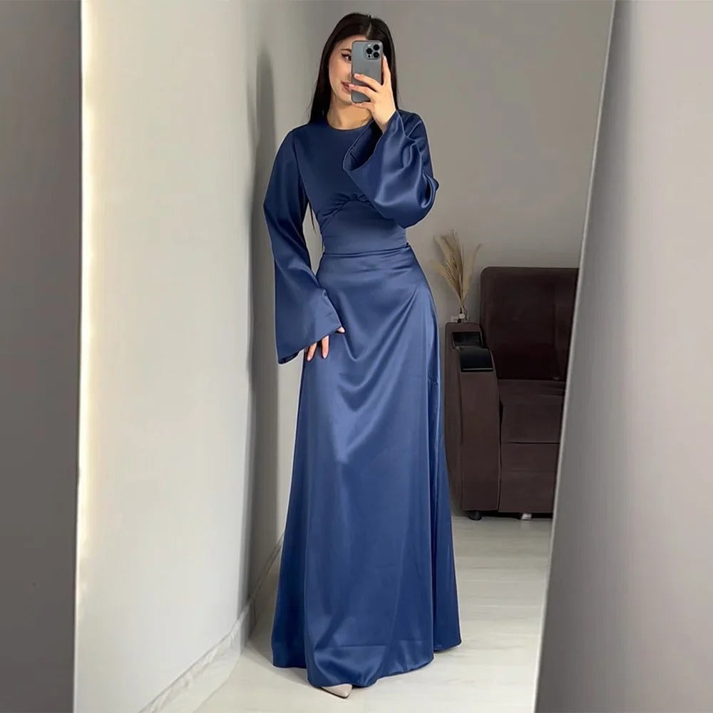 Satin Dress - Elegant - Bell Sleeve - Long Sleeve Dress - Maxi Satin Dress-Fashion Nora