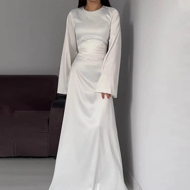 Satin Dress - Elegant - Bell Sleeve - Long Sleeve Dress - Maxi Satin Dress-Fashion Nora