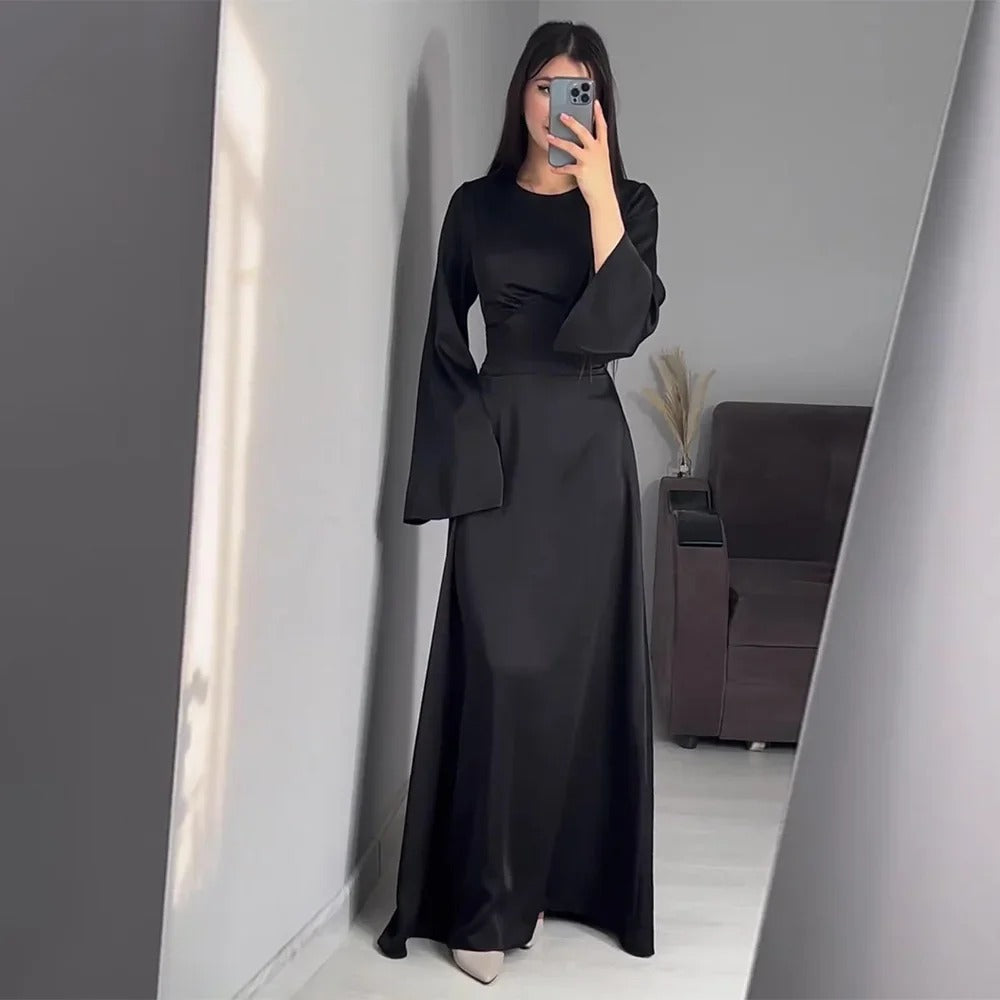 Satin Dress - Elegant - Bell Sleeve - Long Sleeve Dress - Maxi Satin Dress-Fashion Nora