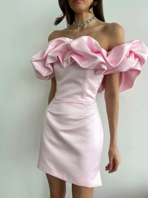 Satin Dress - Ruffle - Mini - Off-Shoulder Dress - Party Dress-Fashion Nora