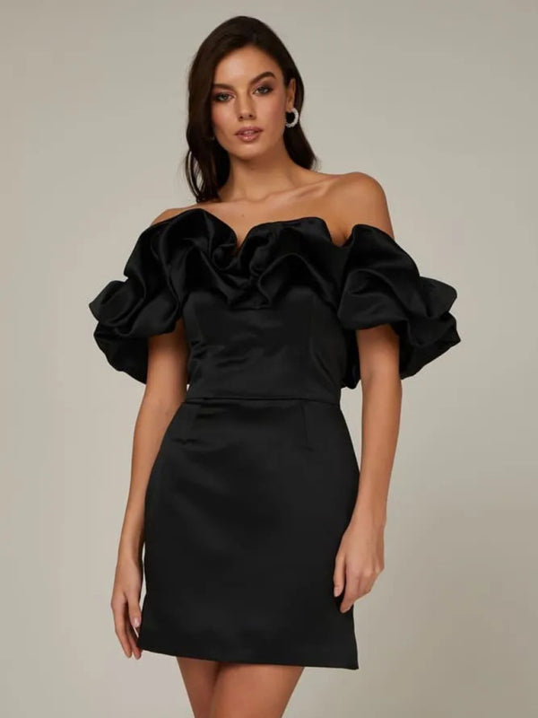 Satin Dress - Ruffle - Mini - Off-Shoulder Dress - Party Dress-Fashion Nora