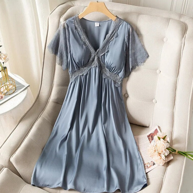 Satin Nightdress Silky Lace Nightie with Removable Shelf Bra Fashion Nora