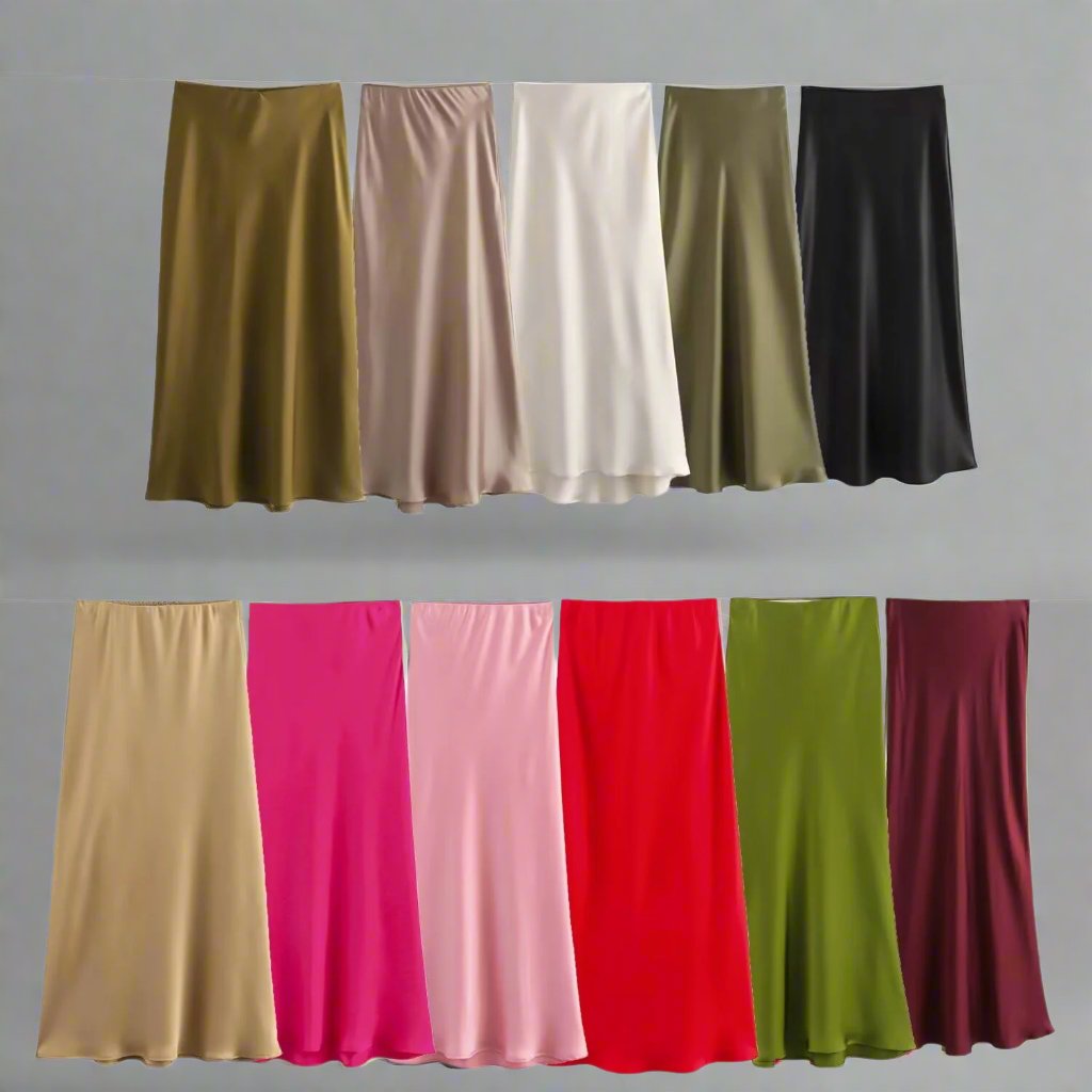 Satin Skirt - Women's High Waist Silk Satin Midi Skirt-Fashion Nora