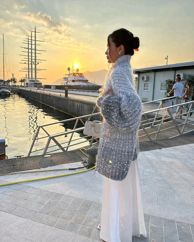 Sequin Cardigan | Full Zip | Oversized | Chunky Cardigan | Knitted Cardigan-Fashion Nora