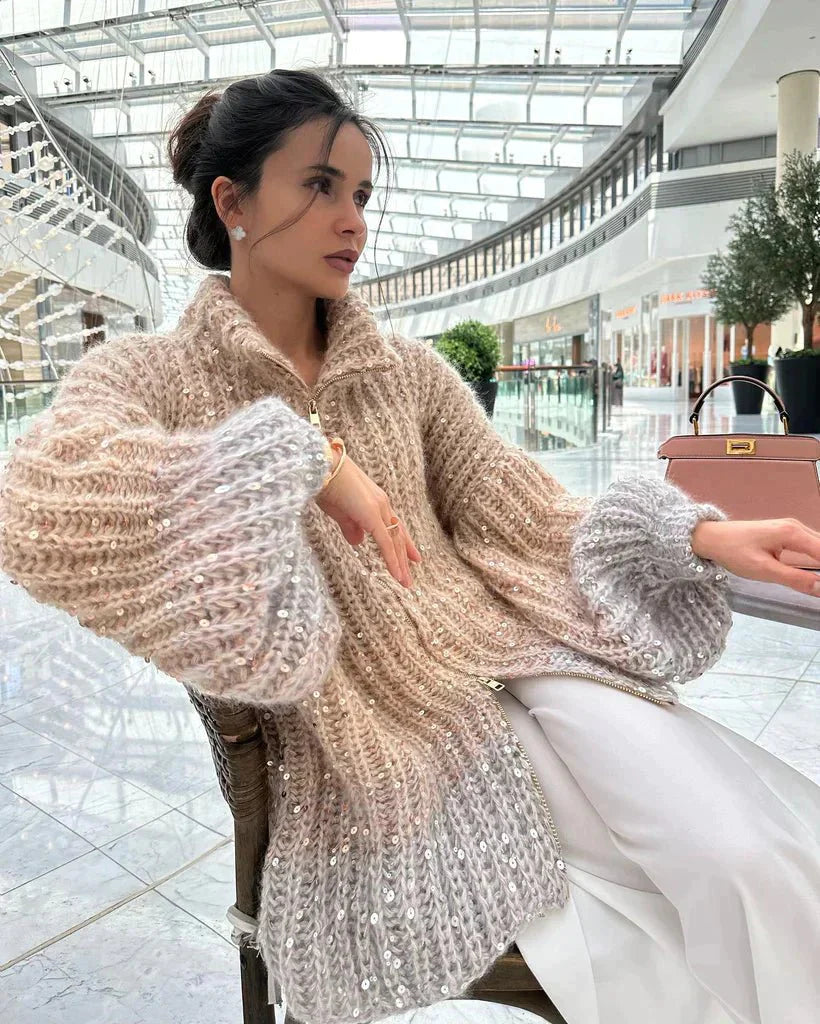 Sequin Cardigan | Full Zip | Oversized | Chunky Cardigan | Knitted Cardigan-Fashion Nora