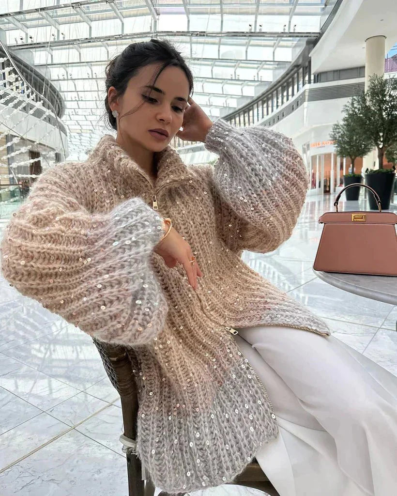 Sequin Cardigan | Full Zip | Oversized | Chunky Cardigan | Knitted Cardigan-Fashion Nora