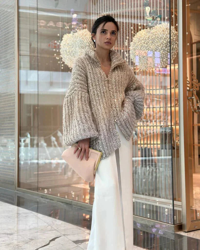 Sequin Cardigan | Full Zip | Oversized | Chunky Cardigan | Knitted Cardigan-Fashion Nora