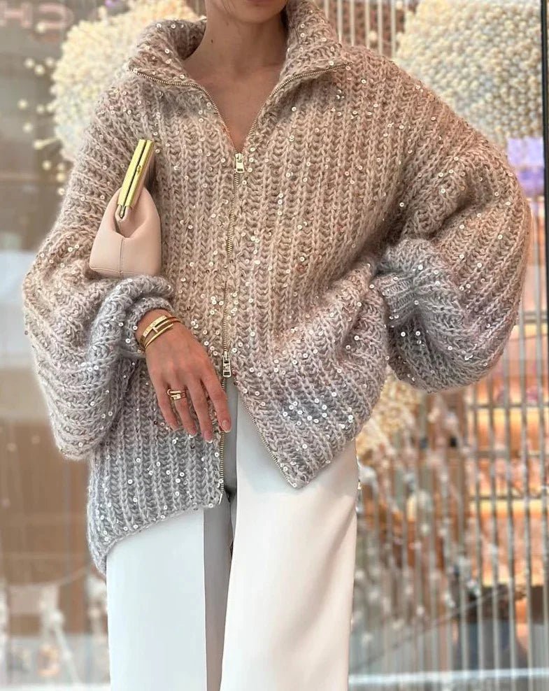 Sequin Cardigan | Full Zip | Oversized | Chunky Cardigan | Knitted Cardigan-Fashion Nora