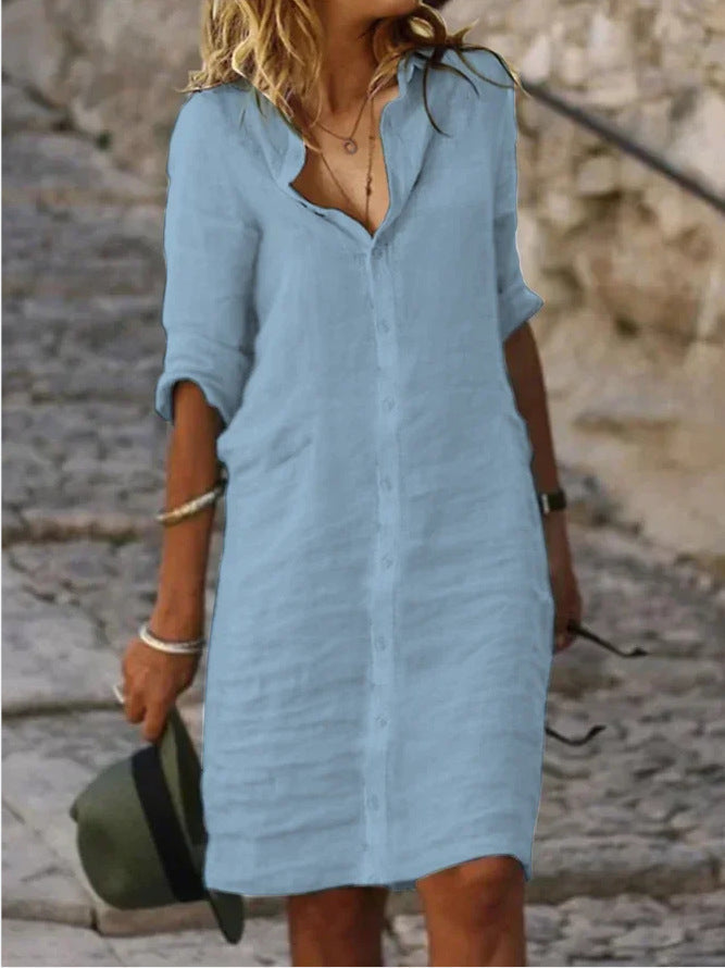 Shirt Dress - Long Sleeve - Collared - Button-Up Dress - Linen Dress-Fashion Nora