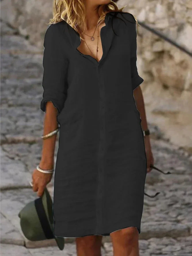 Shirt Dress - Long Sleeve - Collared - Button-Up Dress - Linen Dress-Fashion Nora