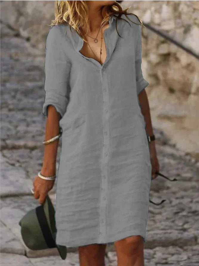 Shirt Dress - Long Sleeve - Collared - Button-Up Dress - Linen Dress-Fashion Nora