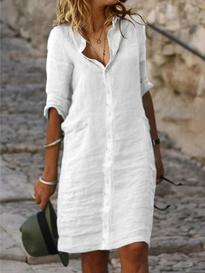 Shirt Dress - Long Sleeve - Collared - Button-Up Dress - Linen Dress-Fashion Nora