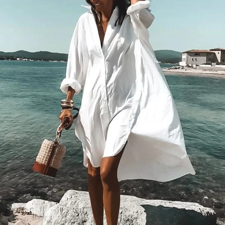 Shirt Dress - Loose Fit - Button-Up - Knee Lenght Dress - Summer Dress-Fashion Nora