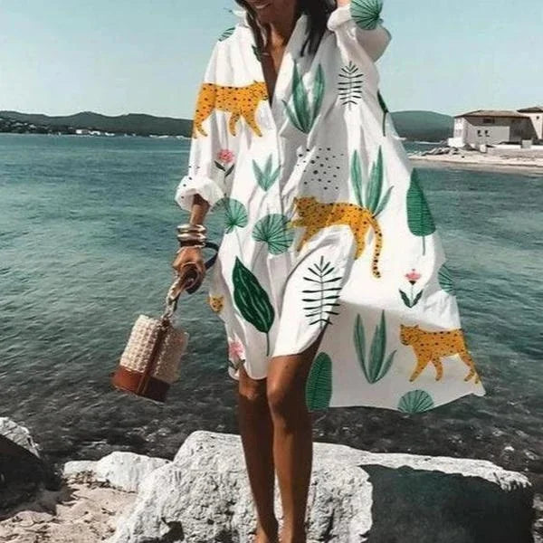 Shirt Dress - Loose Fit - Button-Up - Knee Lenght Dress - Summer Dress-Fashion Nora