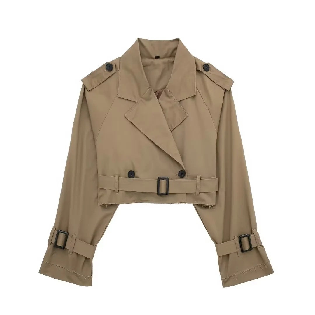 Short Trench Jacket - Belt - Double Breasted - Short Trench Coat - Women's Jacket-Fashion Nora