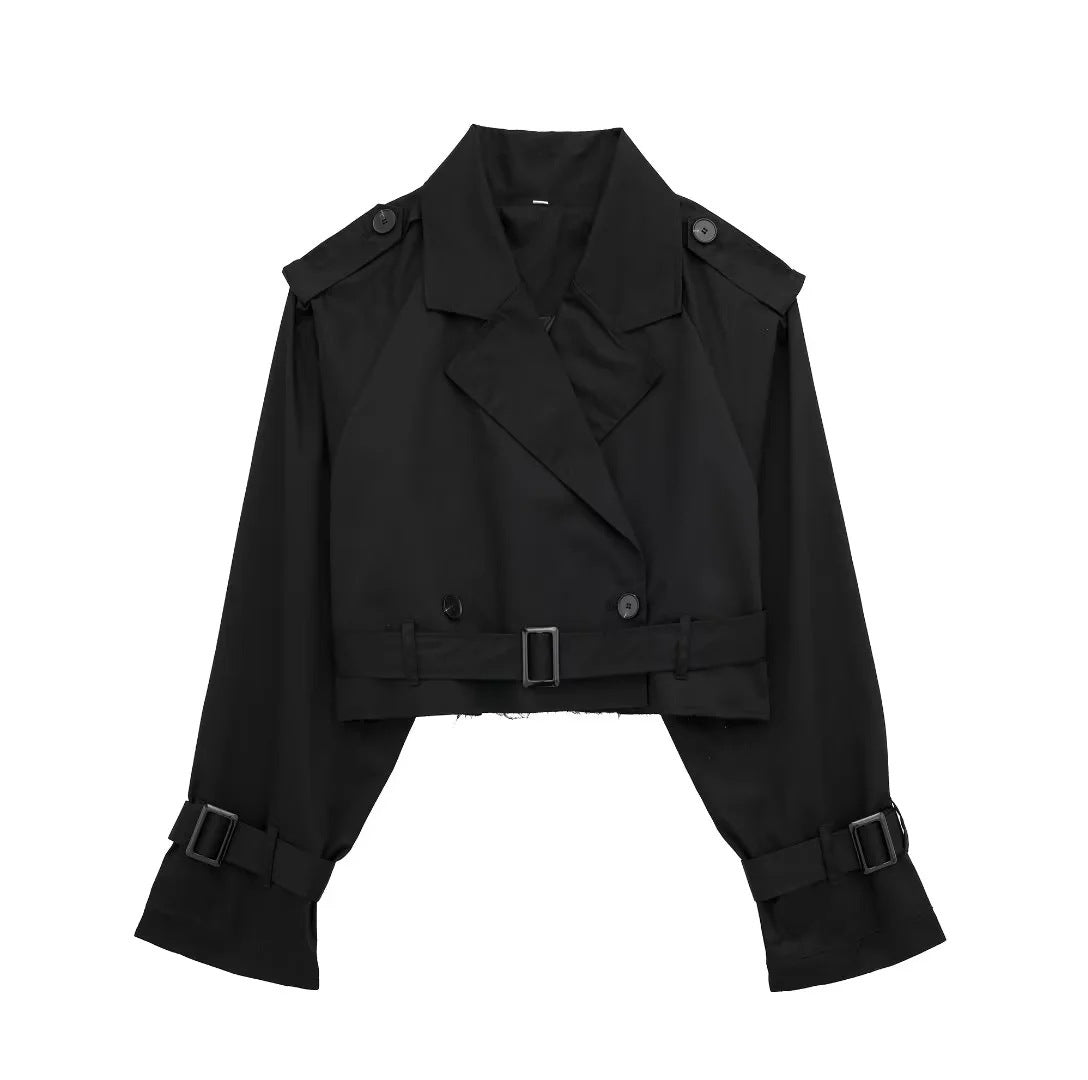 Short Trench Jacket - Belt - Double Breasted - Short Trench Coat - Women's Jacket-Fashion Nora